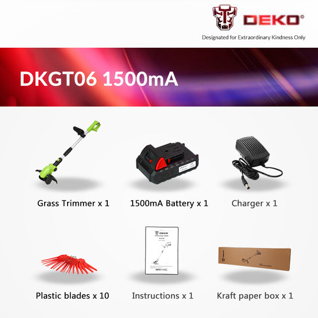 DEKO DKGT06 20V Lithium 1500mAh Cordless Grass Trimmer with Battery Pack and Blade Pendants